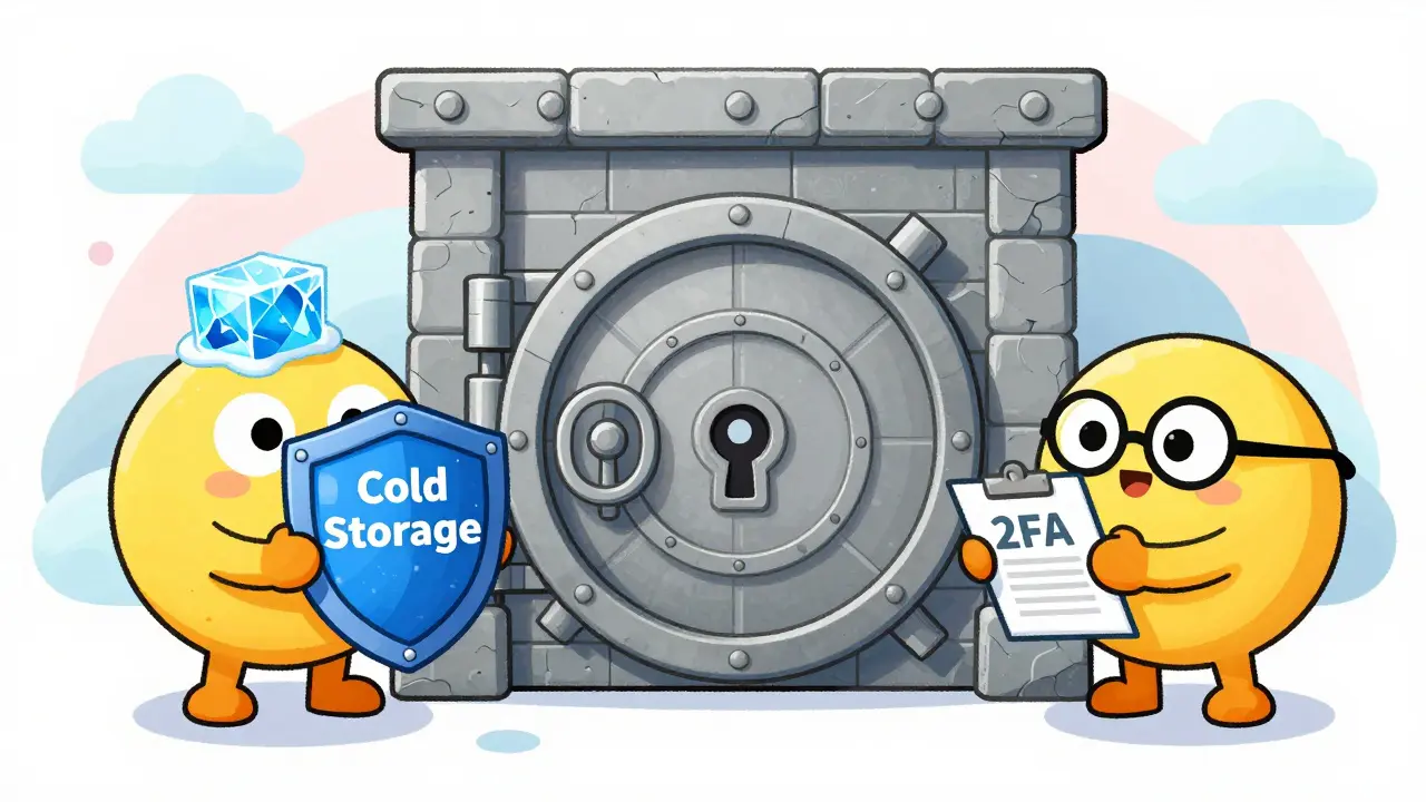 Cartoon guardians representing cold storage and 2FA protecting a secure digital vault