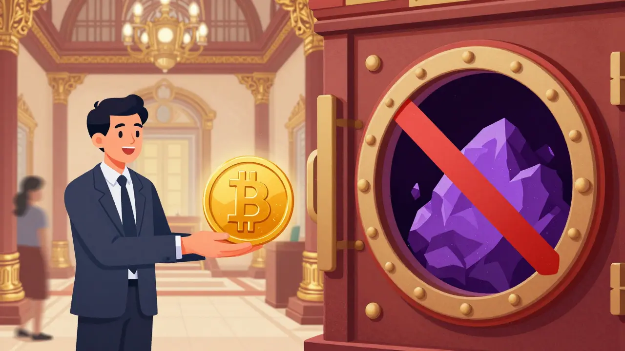 Cartoon showing banks accepting stablecoins but banning Bitcoin holdings