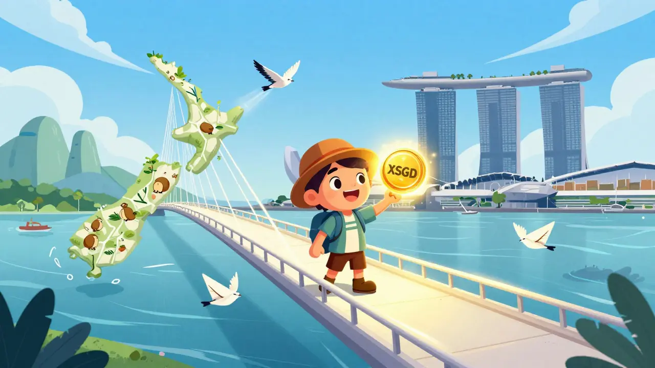 Cartoon traveler sending money across borders via blockchain