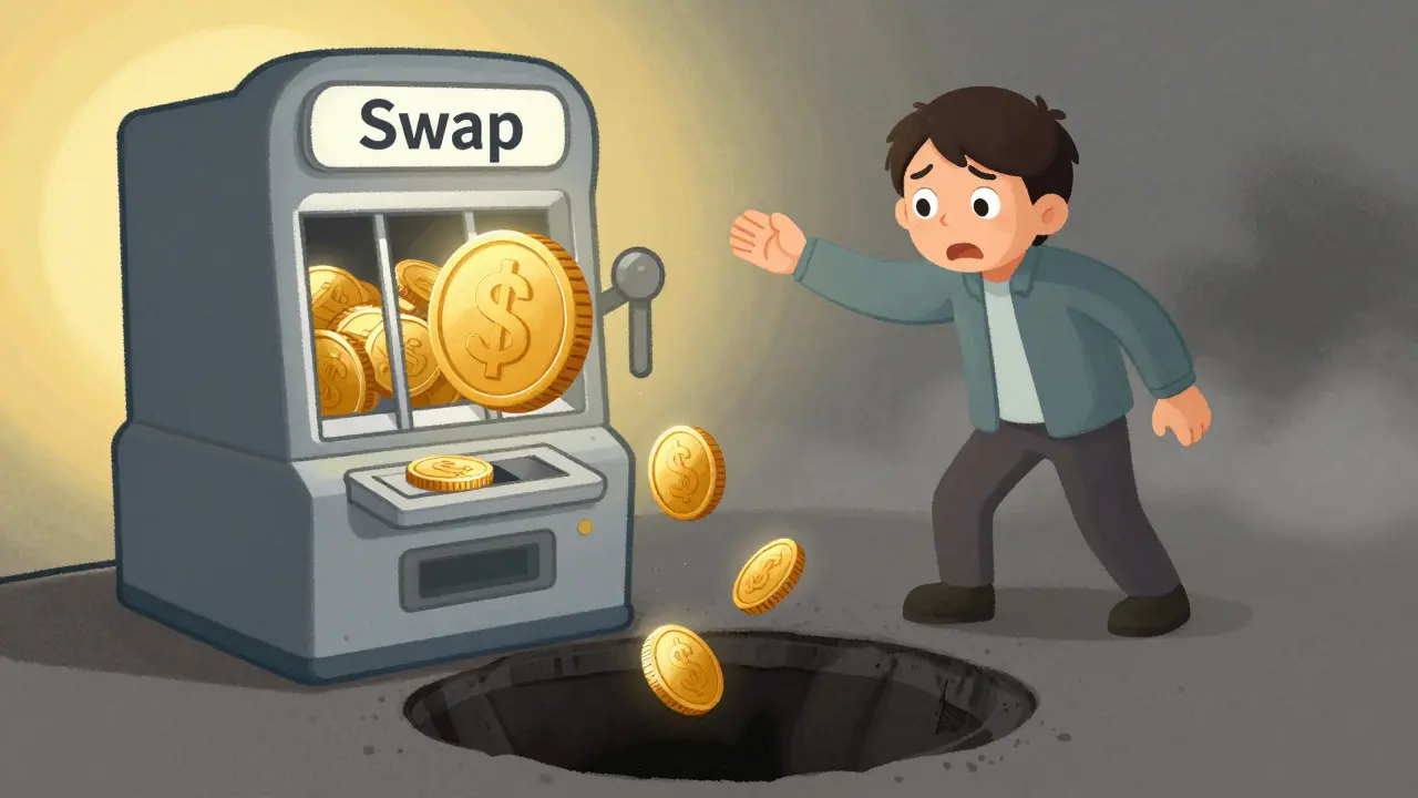 Character losing a gold coin into an abyss while trying to swap tokens
