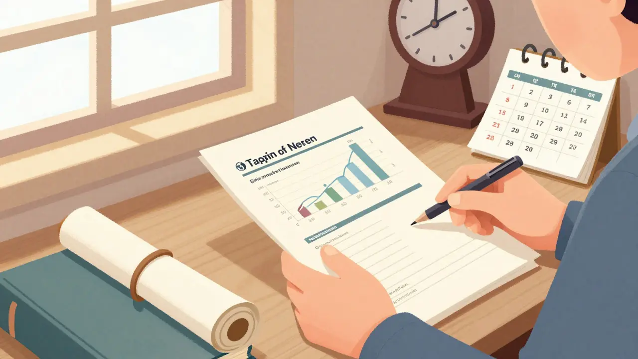 Character organizing tax records and ledgers under sunlight near a ticking clock