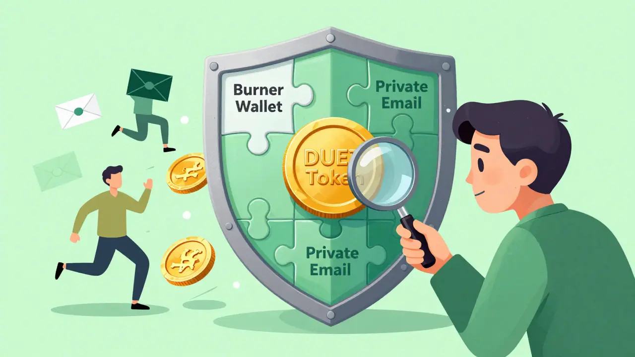Character protected by shield inspecting hollow token, avoiding scams