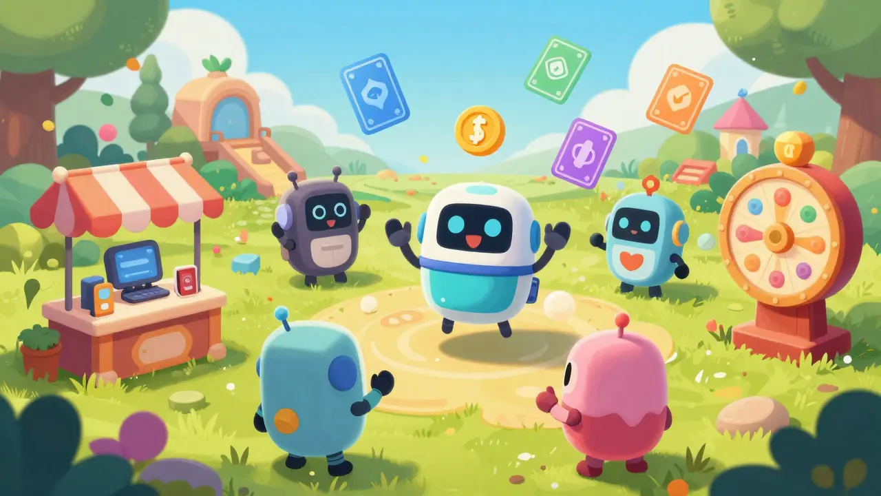 Cute robots playing games with floating NFTs in a colorful cartoon world