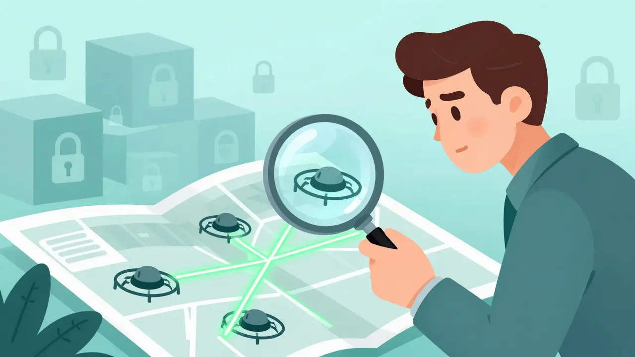 Detective using magnifying glass to find safe crypto investment paths