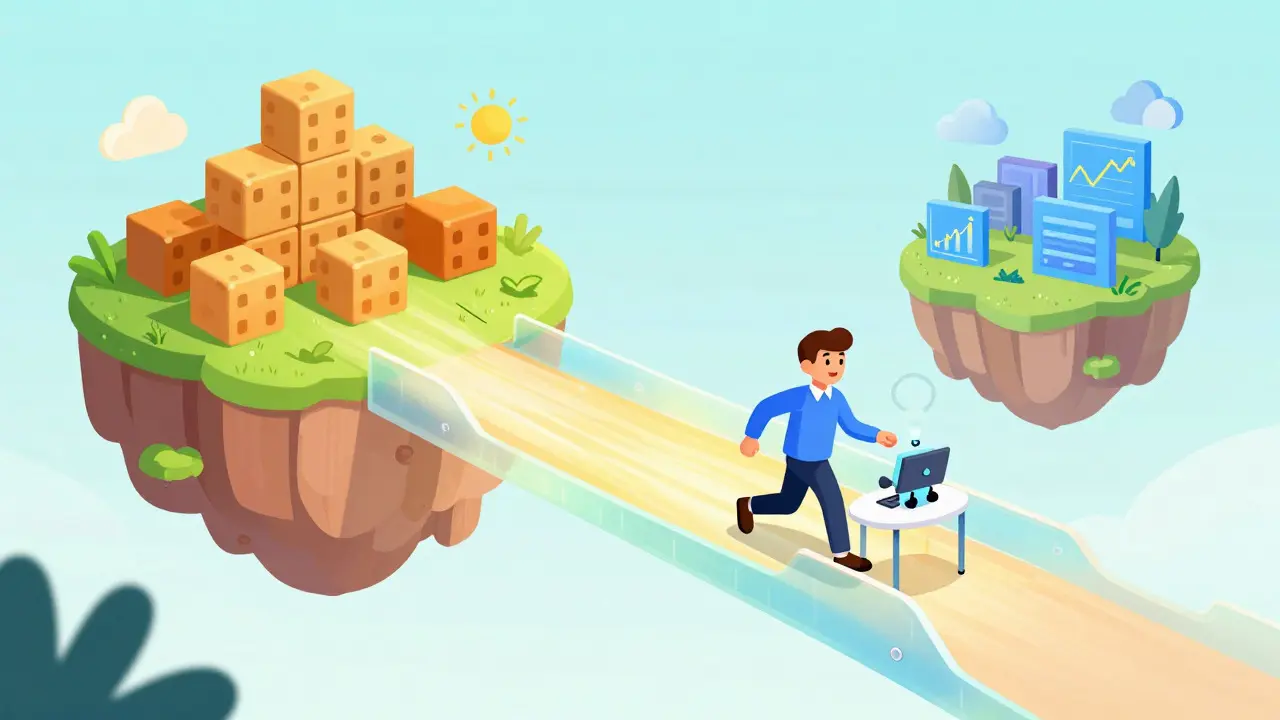 Developer using a magic bridge to connect blockchain islands with real-world data feeds.