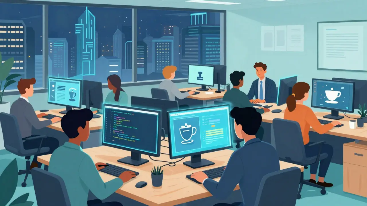 Developers working with holographic Java code in a modern office.