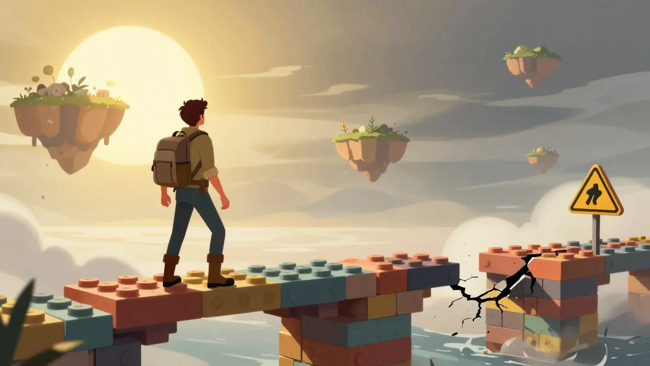 Explorer on a Lego bridge facing both opportunities and risks