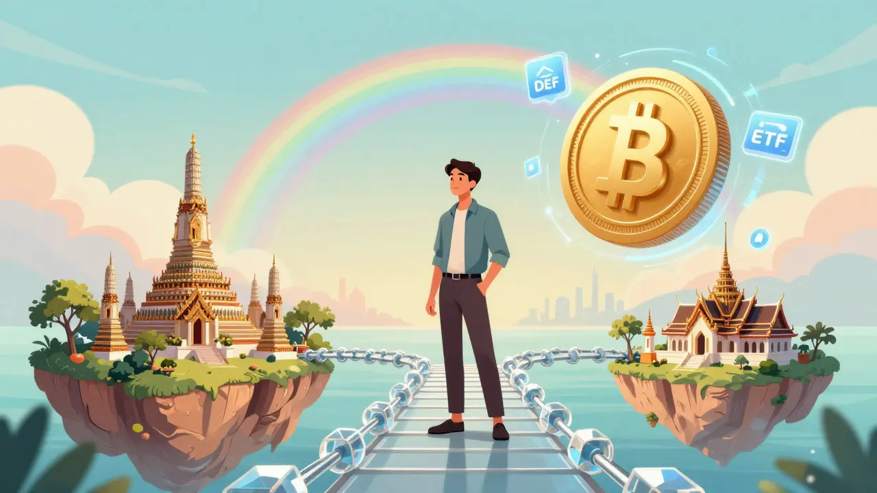 Futuristic bridge connecting traditional Thailand to blockchain future
