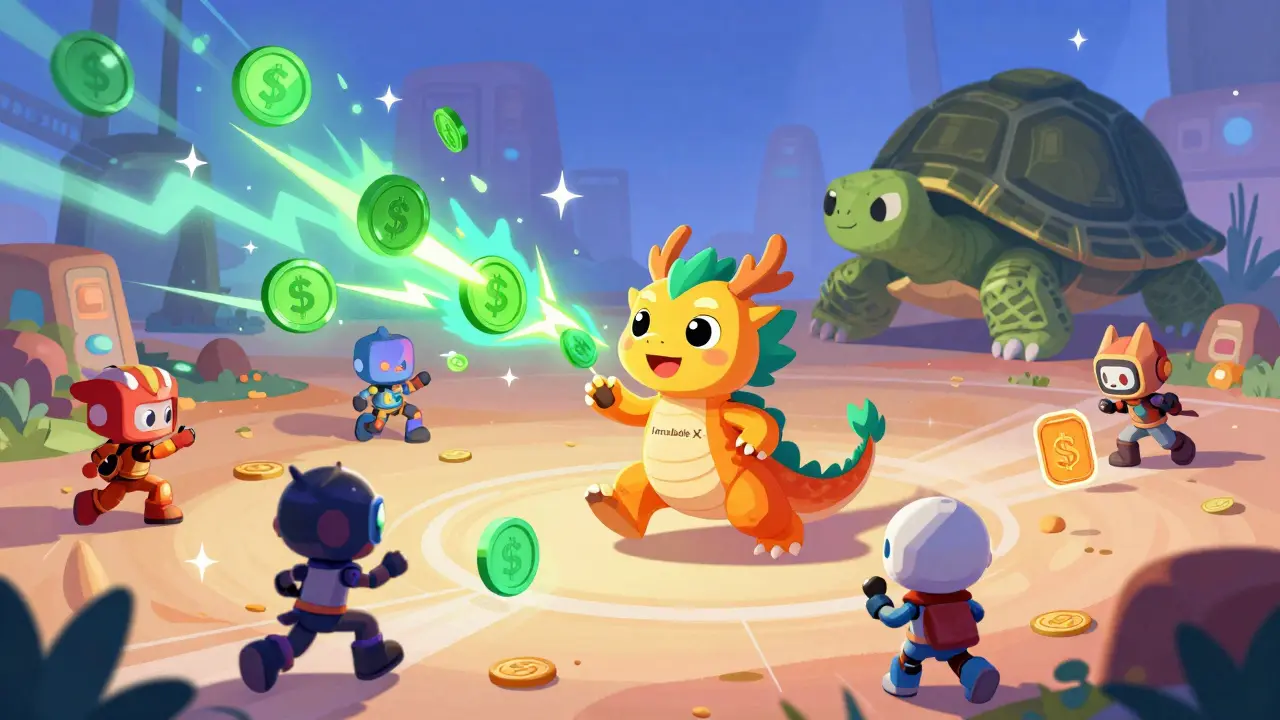 Gaming characters using fast sidechain for cheap transactions