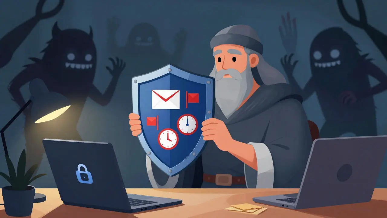 Guardian shielding a safe workspace from phishing monsters and red flag warnings.
