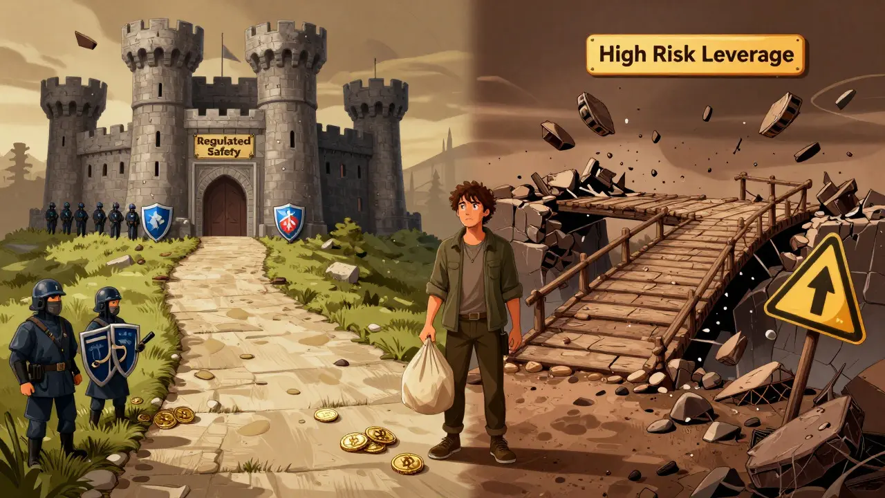 Illustration contrasting safe regulated exchanges with risky unregulated options.