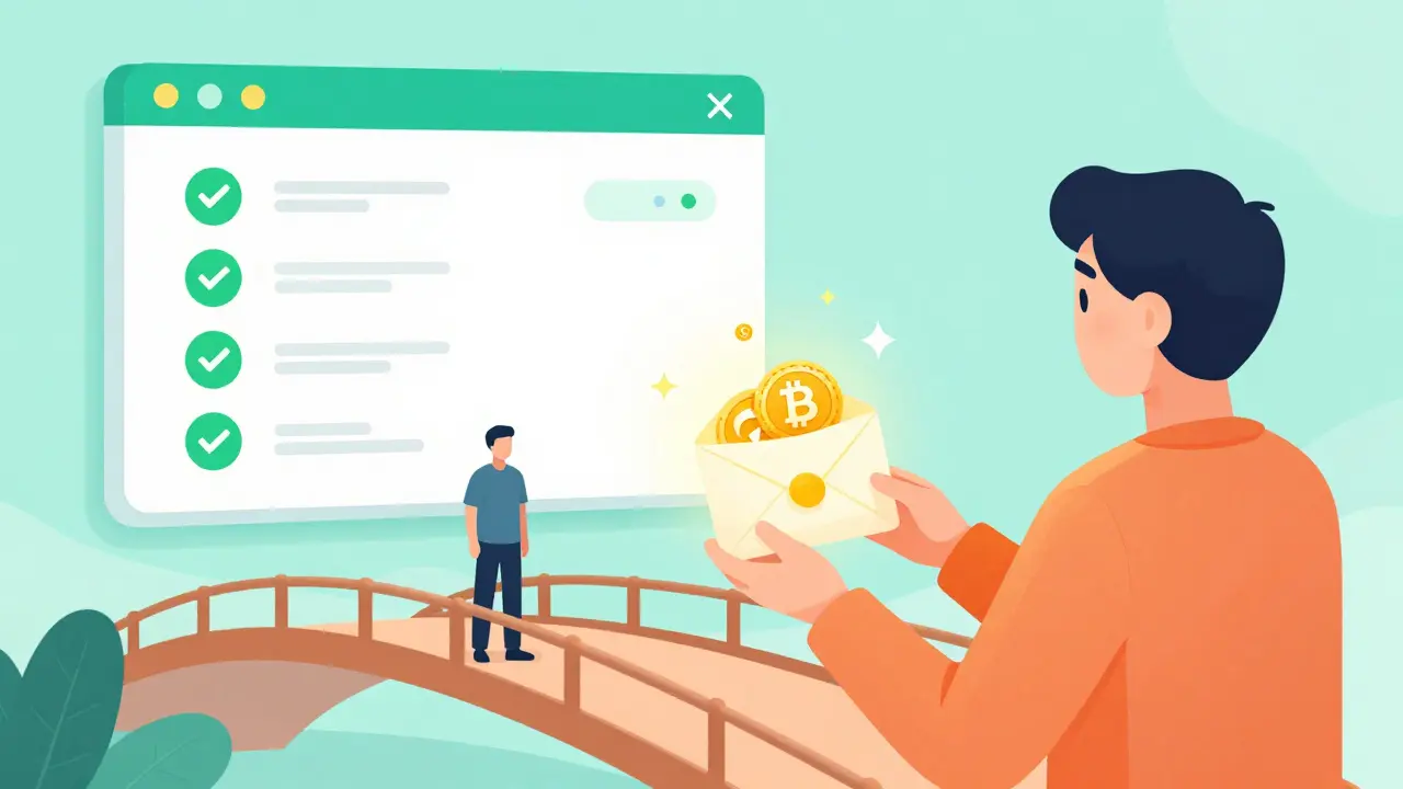 Illustration of a user sending a glowing digital gift card to a friend over a bridge