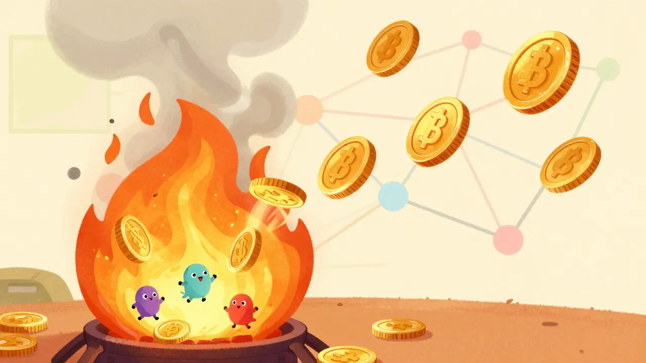 Illustration of coins burning in a furnace to create scarcity