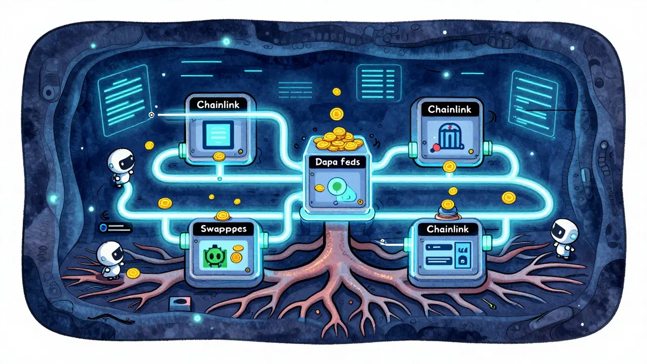 Illustration of connected digital pipes and robots moving crypto assets