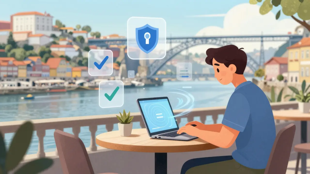 Illustration of digital nomad with MiCA regulation icons in Porto cafe