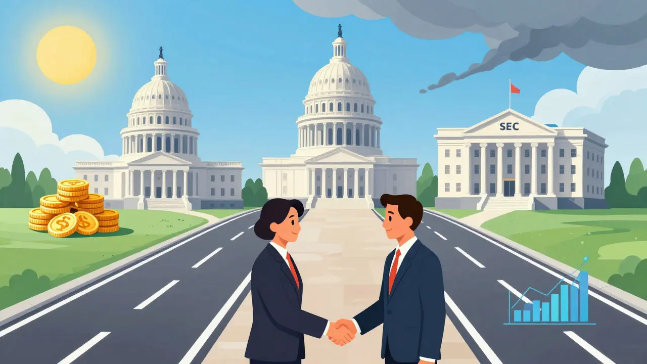 Illustration showing lawmakers agreeing on a regulatory path, splitting crypto assets between CFTC and SEC jurisdictions.