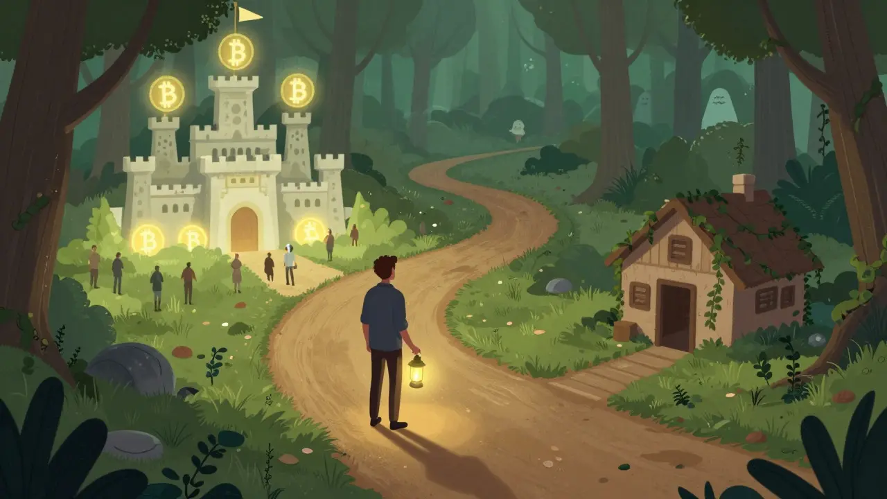 Investor choosing a path in a digital forest representing risk
