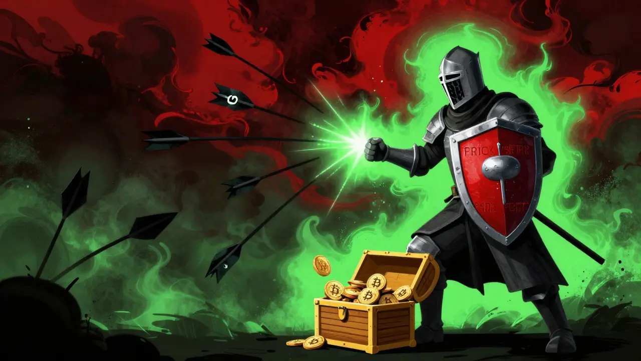 Knight defending crypto assets from shadowy scam arrows in a storybook style