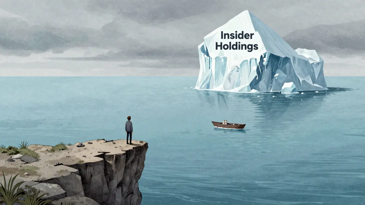 Lonely investor on cliff near melting insider iceberg, low liquidity