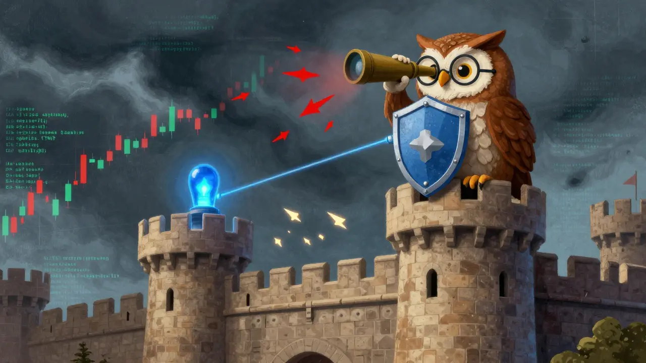 Owl guarding a code fortress against market volatility attacks
