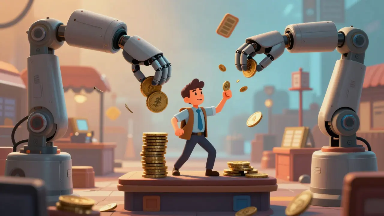 Robot arms squeezing a trader in a sandwich attack illustration