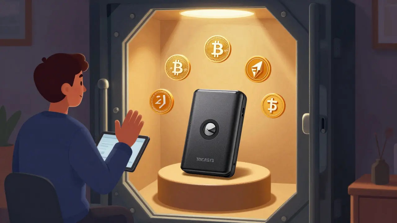 Secure vault with hardware wallet while trader uses app outside