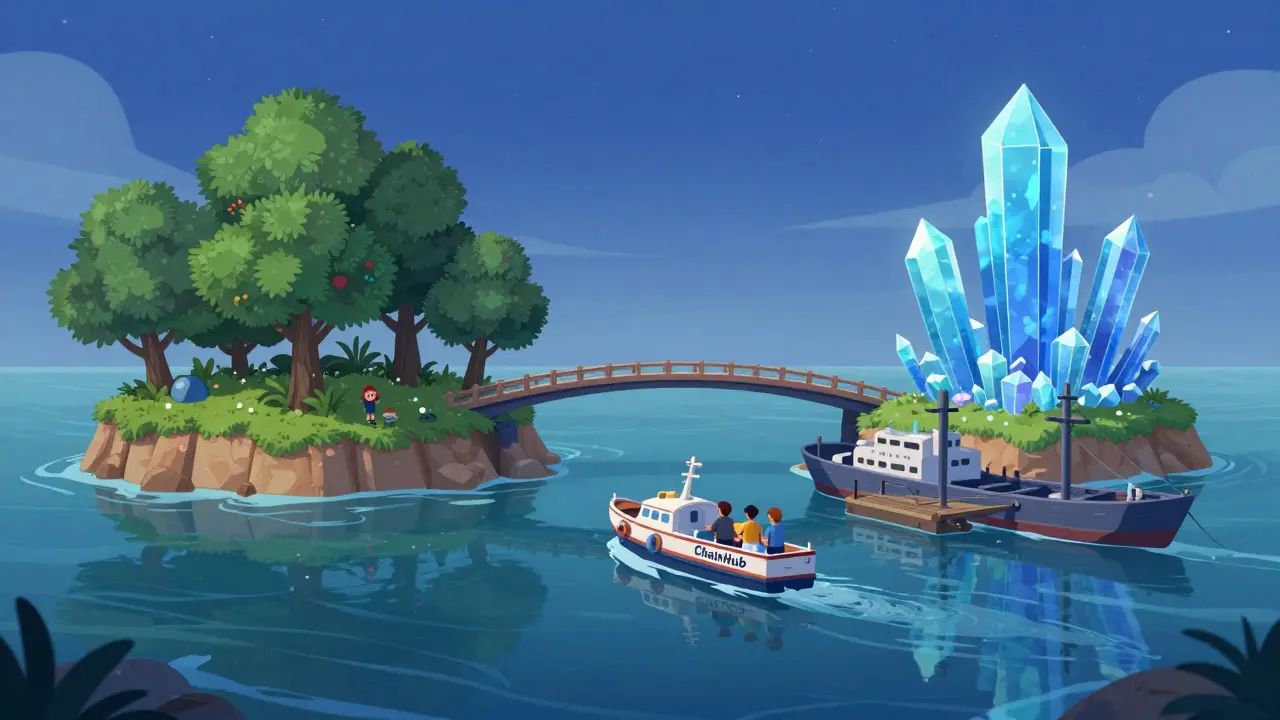 Small boat crossing a bridge between two islands representing blockchain networks