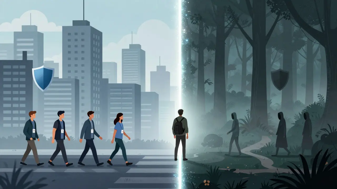 Split illustration comparing secure KYC cities with anonymous no-KYC forests