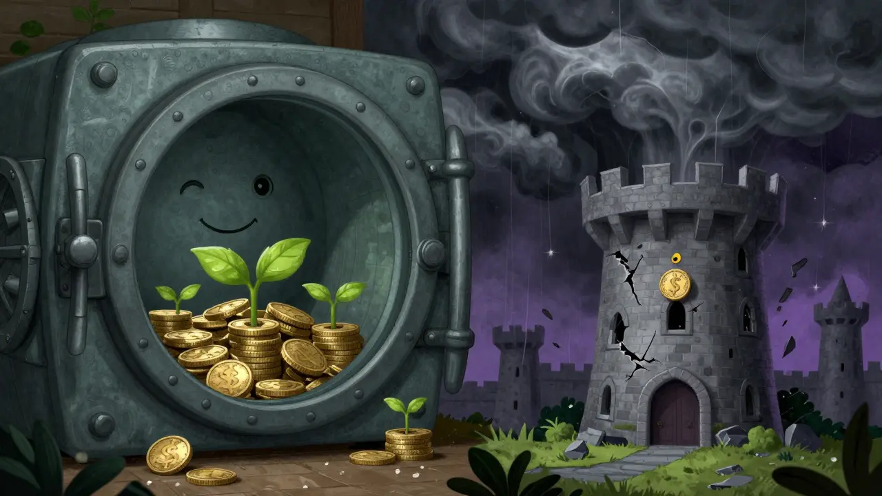 Split illustration showing safe staking rewards versus risky exchange collapse in storybook style.
