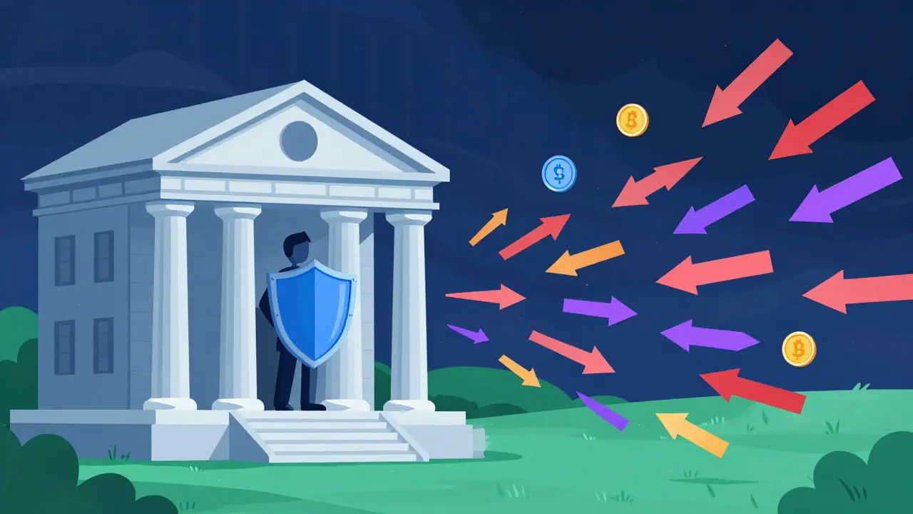 Storybook art showing bank stability versus chaotic crypto capital flight