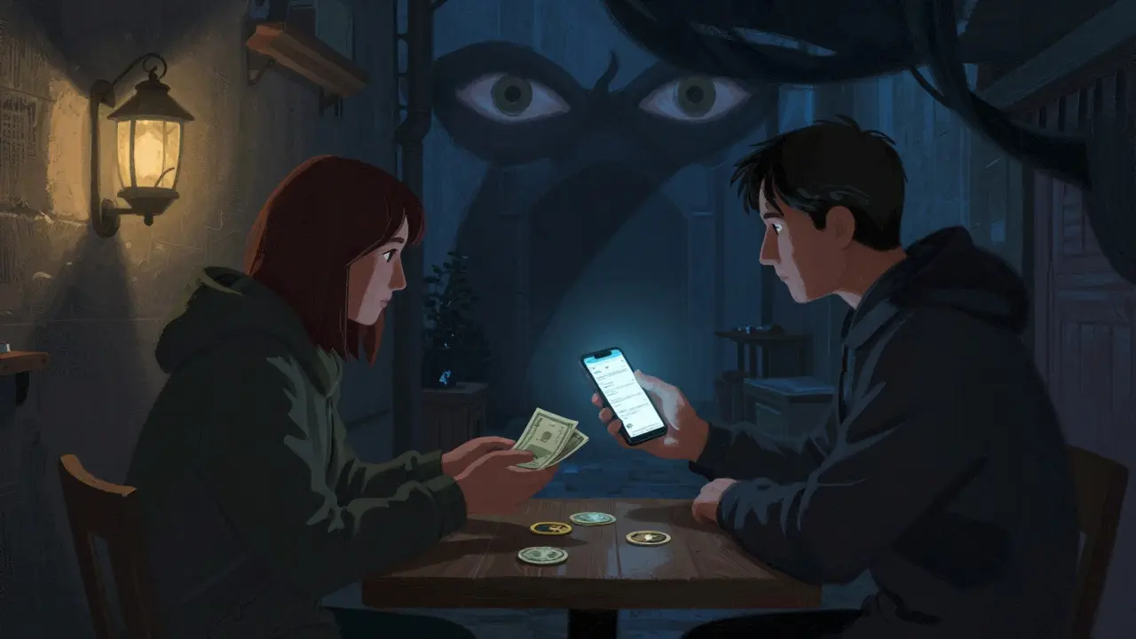 Two people conduct a secret P2P crypto exchange in a dark alley