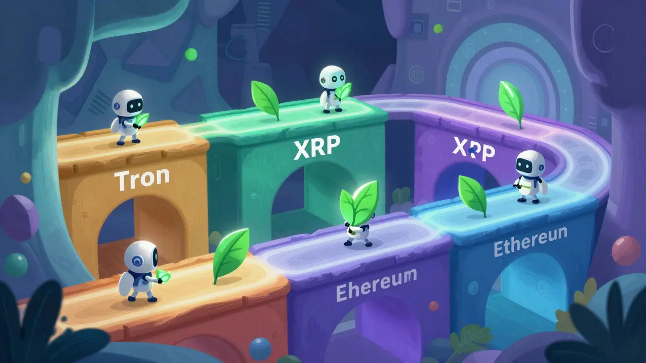 Whimsical illustration of tokens moving across connected blockchain tunnels.