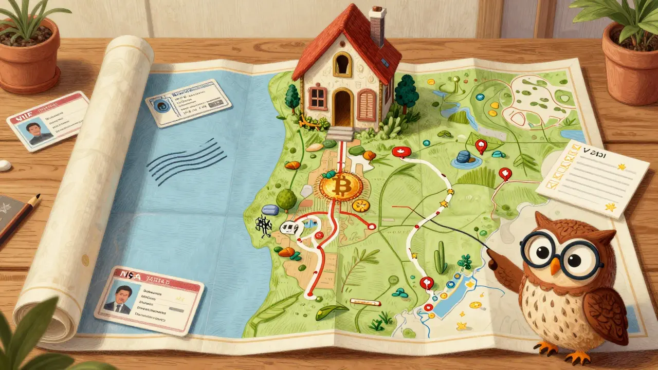 Whimsical map of Portugal with visa and crypto keys for relocation