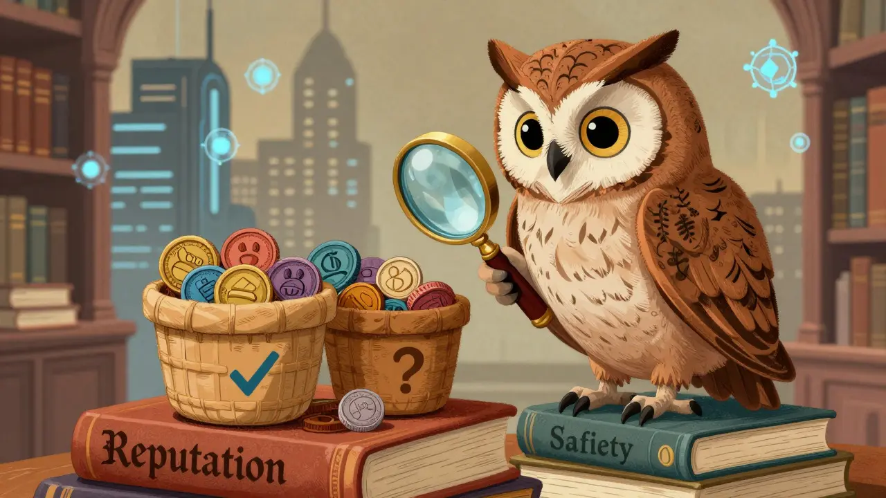 Wise owl sorting cryptocurrency tokens into safe and risky categories in a library setting.