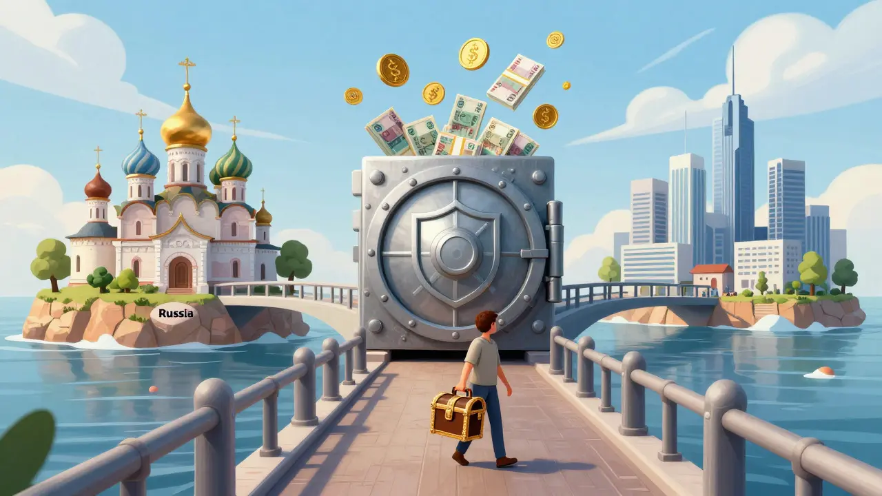 A bridge connecting Russia and global markets with a secure vault