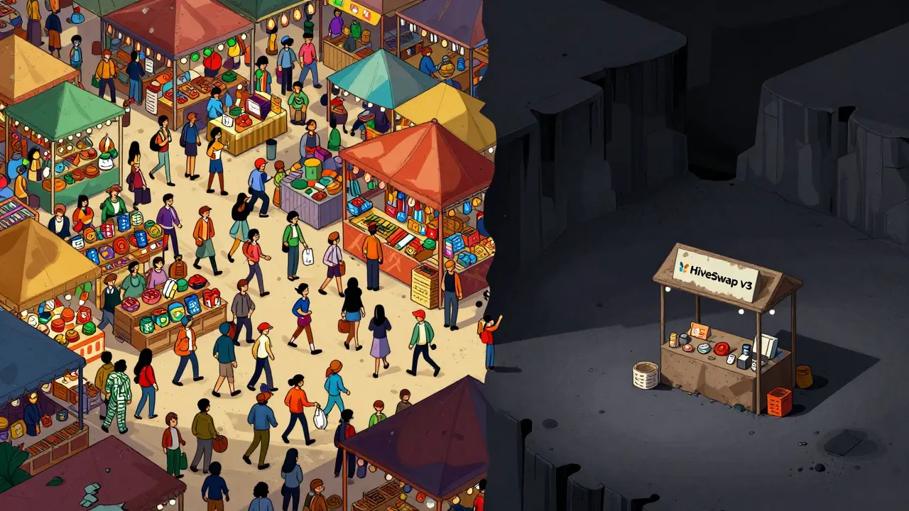 A busy marketplace compared to a single, isolated trading stall