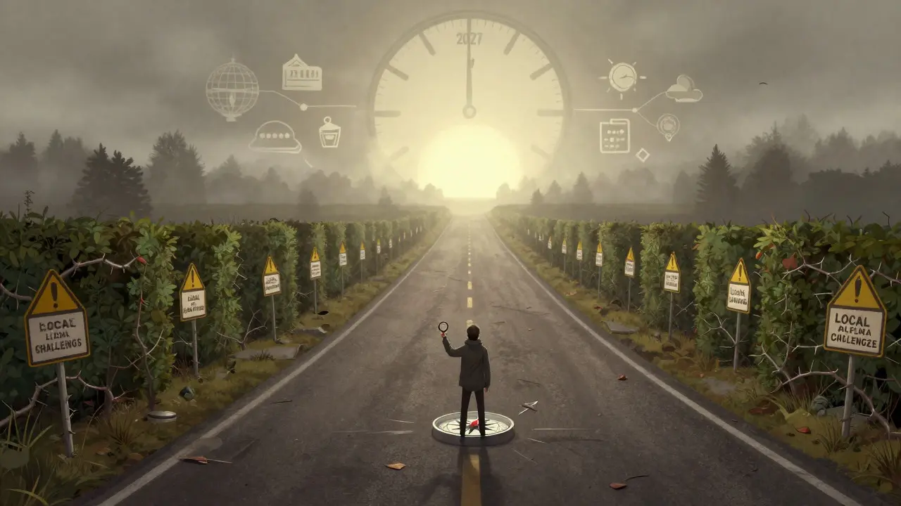 A character at a crossroads facing a foggy future path and a thorny local path