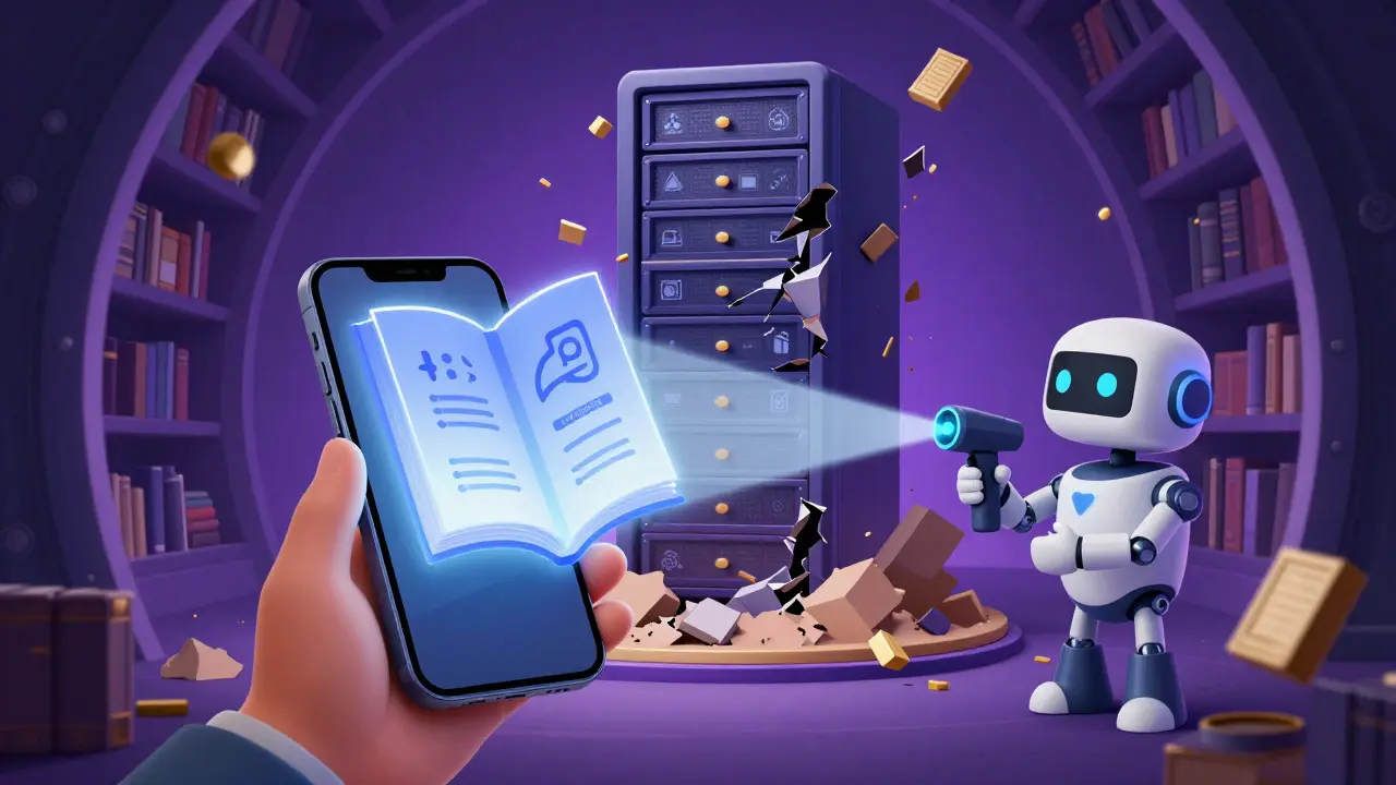 A character using a phone to verify a credential while a central server crumbles