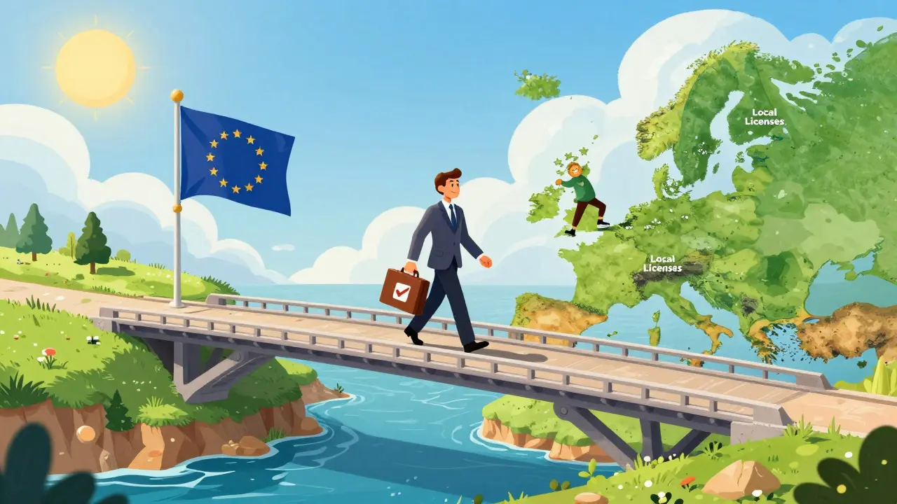A character walking across a bridge between countries, symbolizing the ease of MiCA passporting licenses