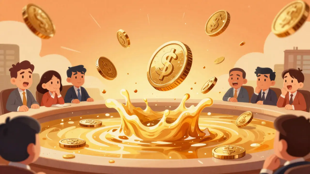 A coin dropping into a small pool causing a chaotic splash of assets