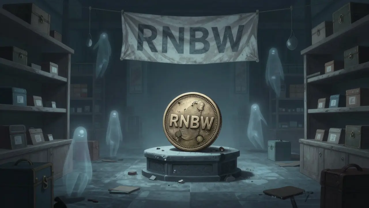 A dusty, abandoned digital market with a lonely coin and fading ghostly traders