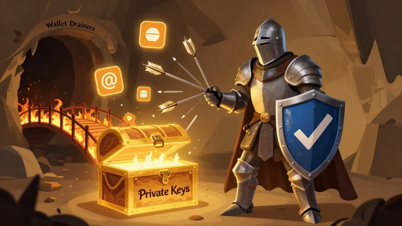 A knight protecting a treasure chest from phishing arrows and wallet drainer traps