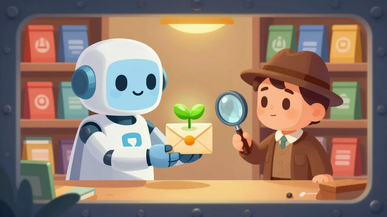 A robot librarian handing a sealed envelope to a detective-like figure in a warm, safe library setting.