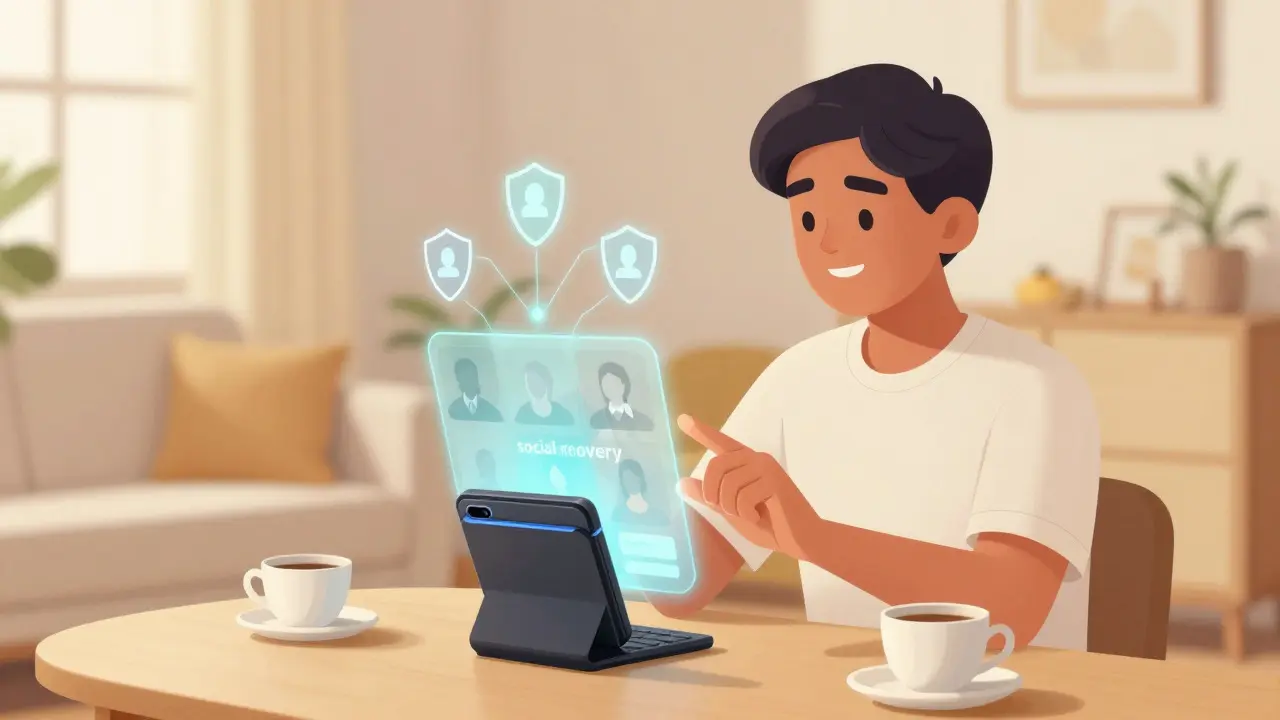 A user smiling while using a holographic smart wallet interface in a cozy living room