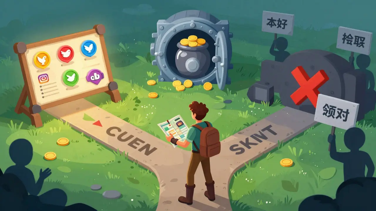 Adventurer choosing between quest paths and avoiding scam shadows