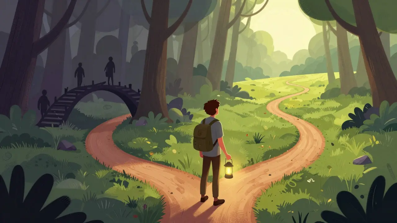 An adventurer at a crossroads choosing between a foggy dangerous path and a sunny green meadow.