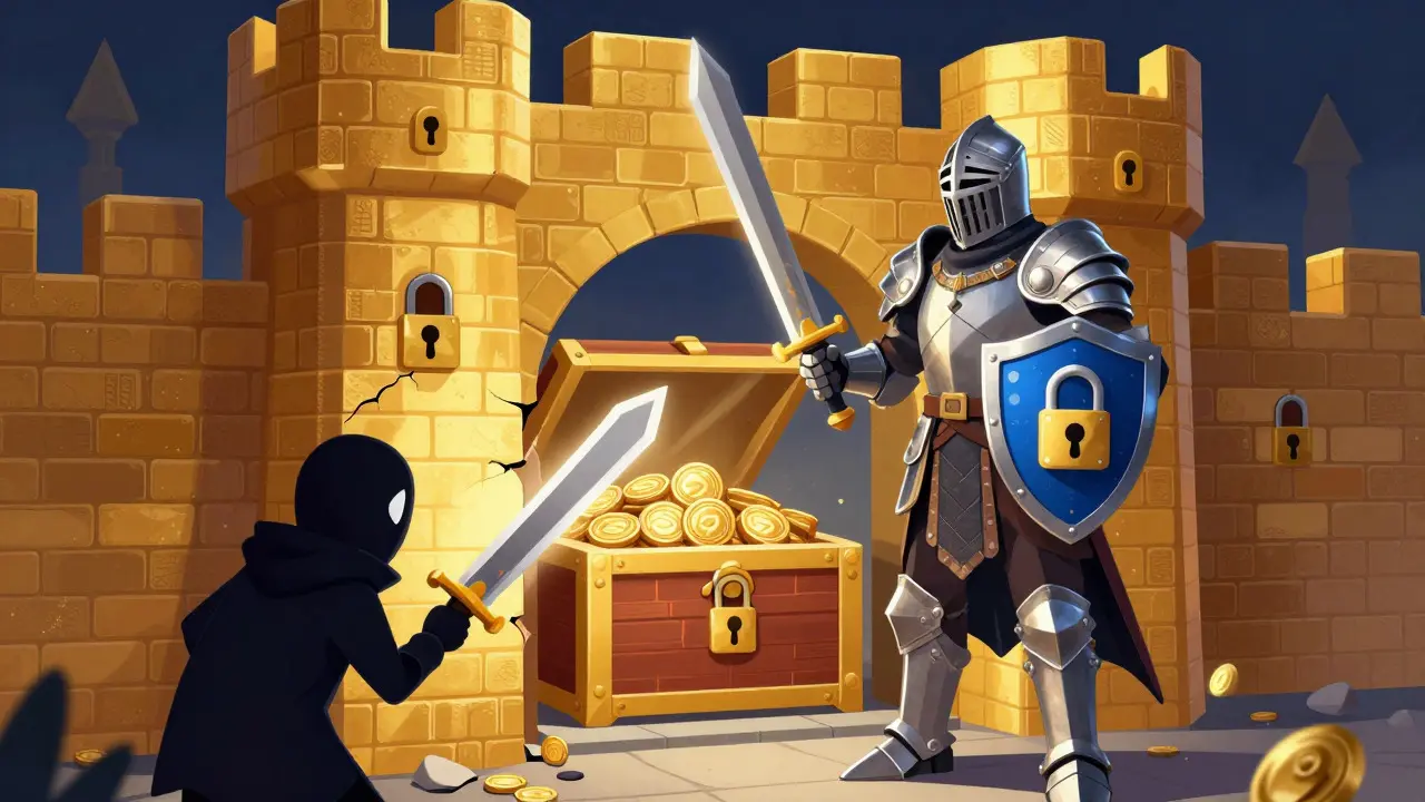 Armored knight guards golden coin vault from shadowy intruder