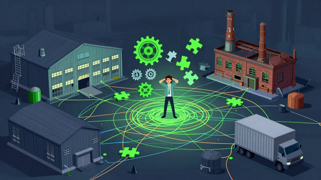 Cartoon of a worker struggling to connect old factories with new digital networks