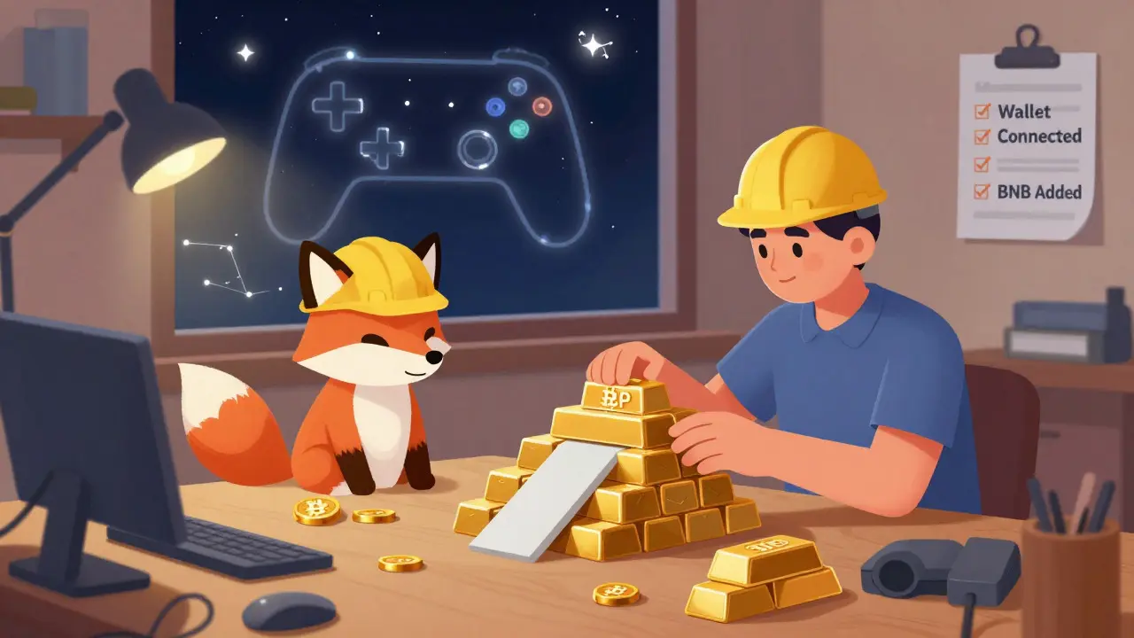 Character setting up crypto wallet tools on a cozy desk