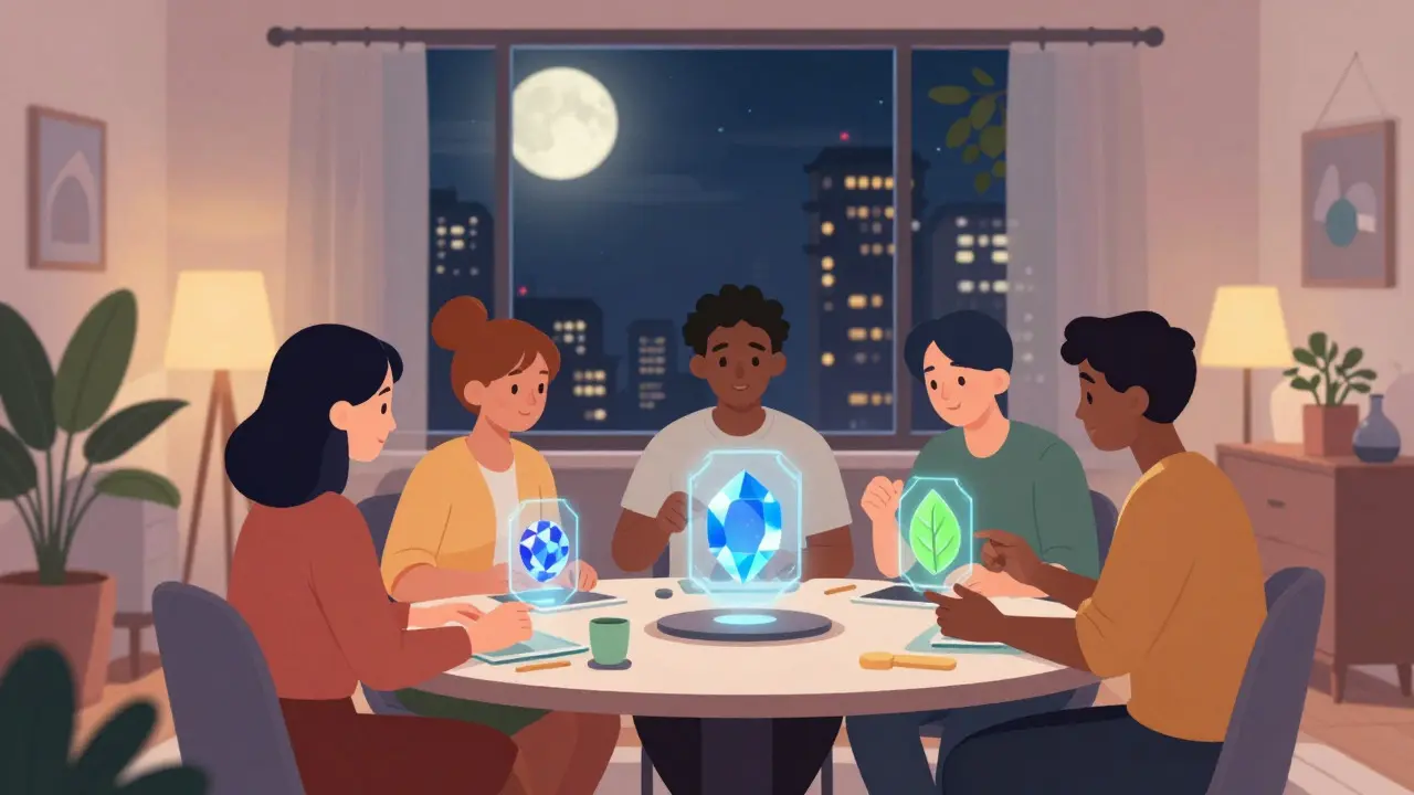 Characters interacting with floating digital tokens in a cozy, futuristic living room at night.